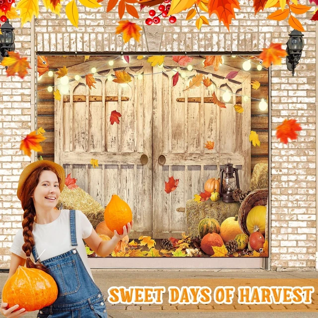 Alt view image 5 of 7 - 7 x 8 ft Fall Garage Door Banner Thanksgiving Barn Decor Harvest Pumpkin, Hanging Backdrop Cover, with Grommets, Rope, Autumn Holiday Party Decor, Photo Studio Prop, for Wall, House