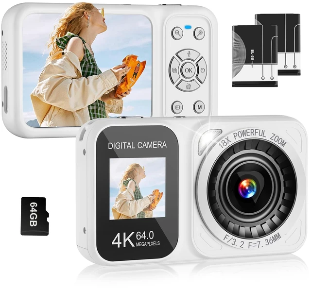 Main image of Digital Camera, 4K 64MP Dual Screens Camera, 18X Zoom, Point and Shoot Digital Camera with 64GB TF Card & 2 Batteries, Portable Rechargeable Small Camera for Kids Teens Adult (White)