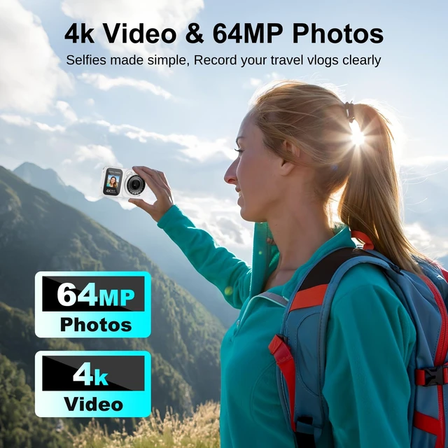 Alt view image 2 of 7 - Digital Camera, 4K 64MP Dual Screens Camera, 18X Zoom, Point and Shoot Digital Camera with 64GB TF Card & 2 Batteries, Portable Rechargeable Small Camera for Kids Teens Adult (White)