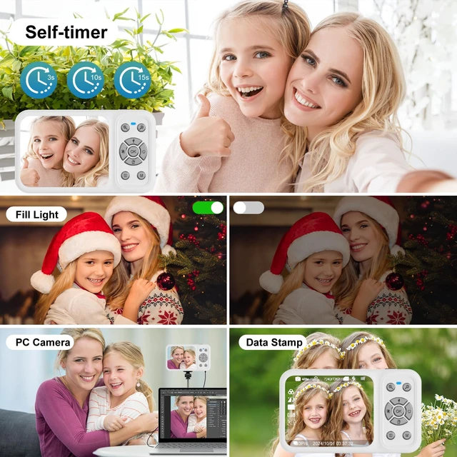 Alt view image 6 of 7 - Digital Camera, 4K 64MP Dual Screens Camera, 18X Zoom, Point and Shoot Digital Camera with 64GB TF Card & 2 Batteries, Portable Rechargeable Small Camera for Kids Teens Adult (White)