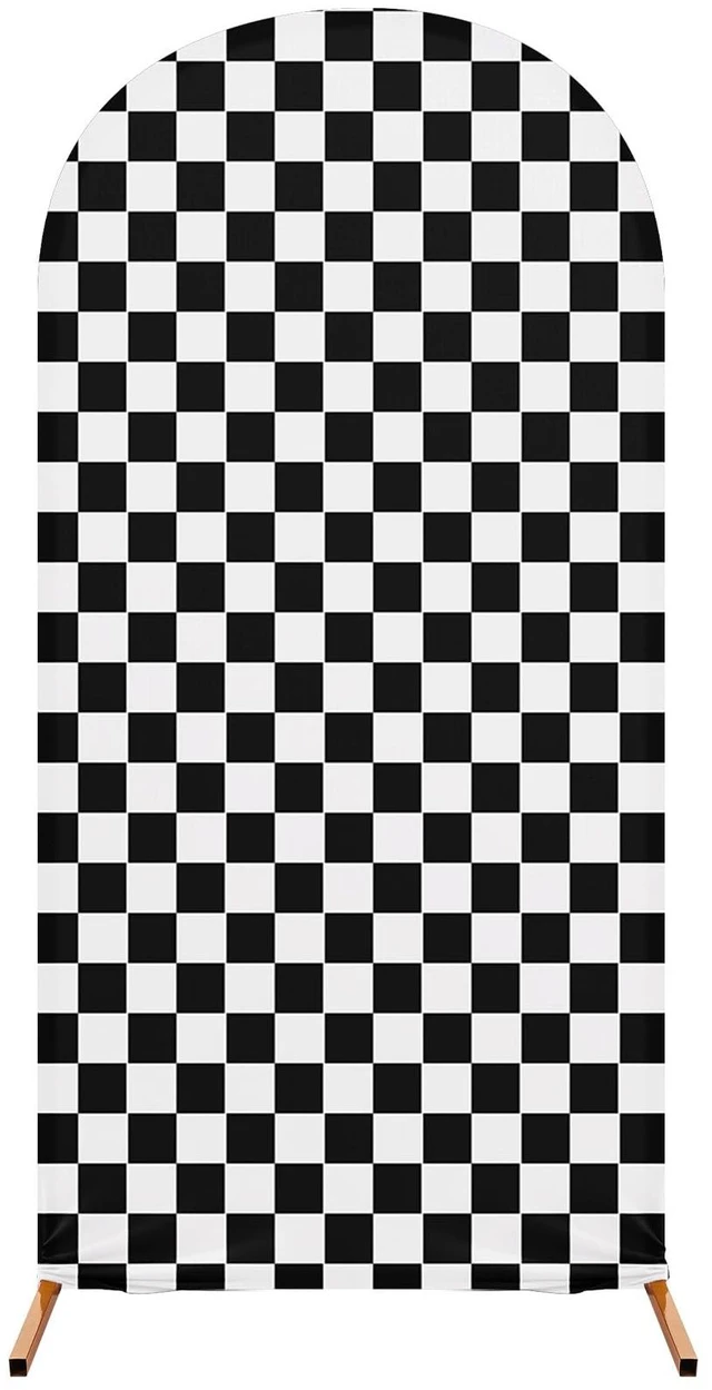 Main image of 7.2 ft Racing Party Arch Backdrop Cover, Black Fast Arch Covers, Wedding Ceremony Decor, Birthday Banquet, Race Theme Checkered, Stretchy Spandex Fits Standard Frames