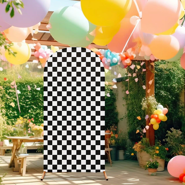 Alt view image 5 of 7 - 7.2 ft Racing Party Arch Backdrop Cover, Black Fast Arch Covers, Wedding Ceremony Decor, Birthday Banquet, Race Theme Checkered, Stretchy Spandex Fits Standard Frames