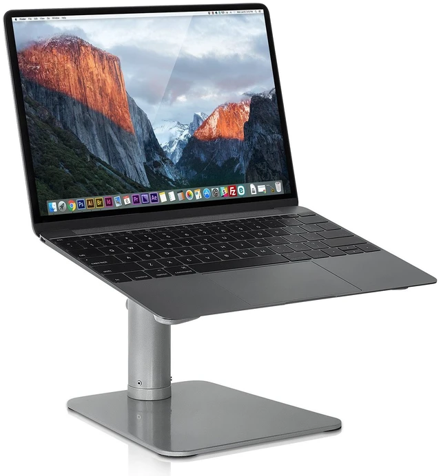 Main image of Adjustable Laptop Stand for Desk, Tilted MacBook Stand, 33 lb Fits 11-15 in, 4.7-6.7 in lift, fixed angle, open center frame, Steel, 10.5 x 10.1 in shelf, 8.1 x 7.3 in base, knob lock