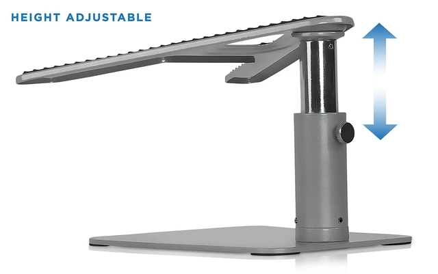 Alt view image 3 of 7 - Adjustable Laptop Stand for Desk, Tilted MacBook Stand, 33 lb Fits 11-15 in, 4.7-6.7 in lift, fixed angle, open center frame, Steel, 10.5 x 10.1 in shelf, 8.1 x 7.3 in base, knob lock