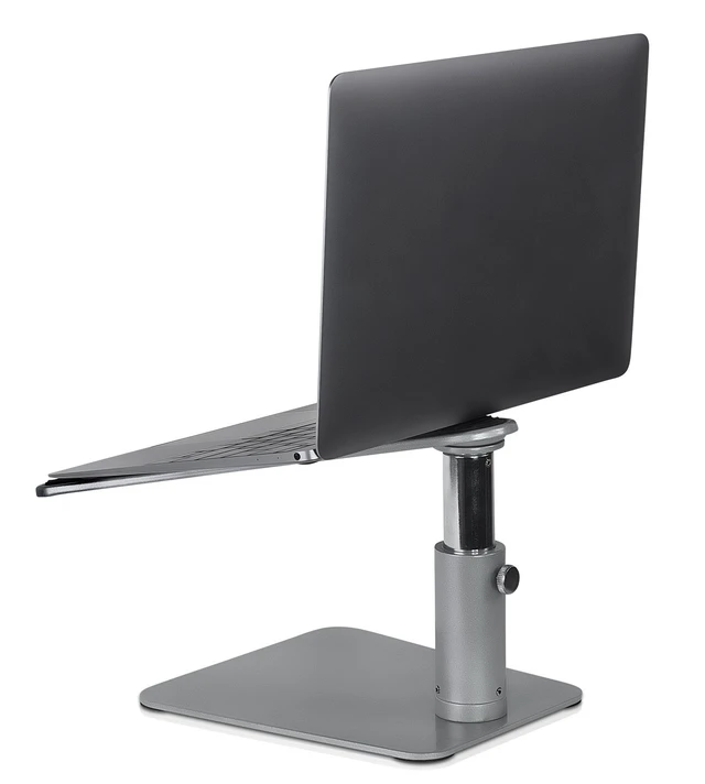Alt view image 5 of 7 - Adjustable Laptop Stand for Desk, Tilted MacBook Stand, 33 lb Fits 11-15 in, 4.7-6.7 in lift, fixed angle, open center frame, Steel, 10.5 x 10.1 in shelf, 8.1 x 7.3 in base, knob lock