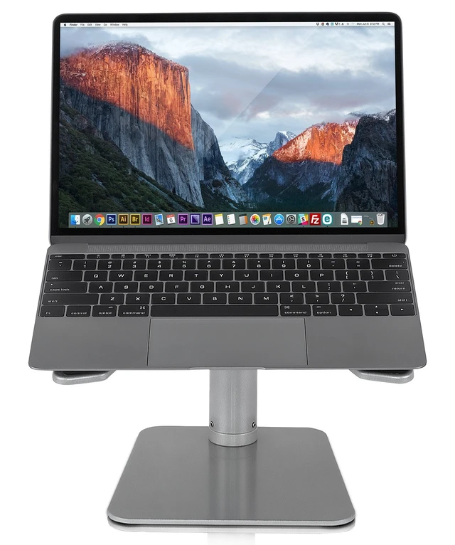 Alt view image 6 of 7 - Adjustable Laptop Stand for Desk, Tilted MacBook Stand, 33 lb Fits 11-15 in, 4.7-6.7 in lift, fixed angle, open center frame, Steel, 10.5 x 10.1 in shelf, 8.1 x 7.3 in base, knob lock