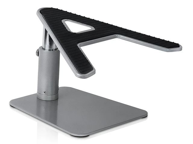 Alt view image 7 of 7 - Adjustable Laptop Stand for Desk, Tilted MacBook Stand, 33 lb Fits 11-15 in, 4.7-6.7 in lift, fixed angle, open center frame, Steel, 10.5 x 10.1 in shelf, 8.1 x 7.3 in base, knob lock