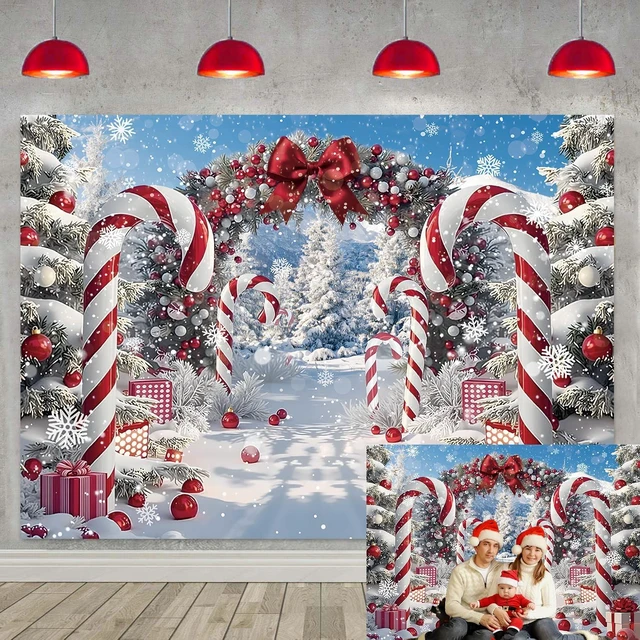 Main image of Merry Christmas Candy Cane Backdrop for Photography Winter Snow Banner 8x6ft Scenery Christmas Tree Photo Background, Xmas Holiday Decoration, New Year Eve Family Party Banner Supplies