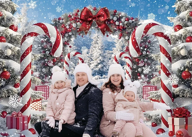 Alt view image 4 of 7 - Merry Christmas Candy Cane Backdrop for Photography Winter Snow Banner 8x6ft Scenery Christmas Tree Photo Background, Xmas Holiday Decoration, New Year Eve Family Party Banner Supplies