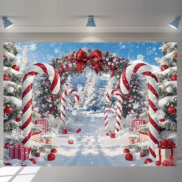Alt view image 3 of 7 - Merry Christmas Candy Cane Backdrop for Photography Winter Snow Banner 8x6ft Scenery Christmas Tree Photo Background, Xmas Holiday Decoration, New Year Eve Family Party Banner Supplies