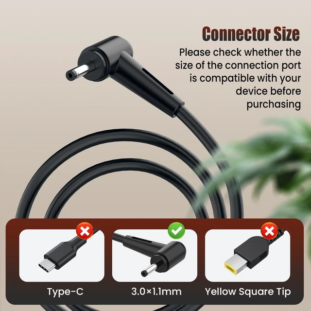 Alt view image 2 of 7 - 65W Charger for LG Gram Laptop (3.0mm x 1.1mm Round Tip - NOT USB-C) - AC Adapter for 17Z990 17Z90N 15Z980 15Z990 14Z970 14Z980 13Z990 13Z980 15Z90N - Compatible 48W 40W 19V