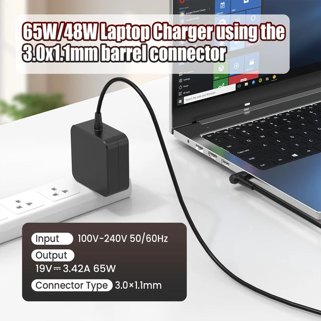 Alt view image 3 of 7 - 65W Charger for LG Gram Laptop (3.0mm x 1.1mm Round Tip - NOT USB-C) - AC Adapter for 17Z990 17Z90N 15Z980 15Z990 14Z970 14Z980 13Z990 13Z980 15Z90N - Compatible 48W 40W 19V