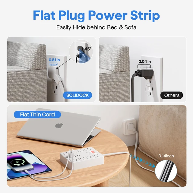 Alt view image 4 of 7 - 13 in 1 Surge Protector Power Strip Flat Plug 8 Widely AC Outlet 3 USB Ports,1250W/10A5 ft Extension Cord with Multiple Outlets, Desk Extender for Dorm, Home,TravelOffice Essentials,ETL Listed