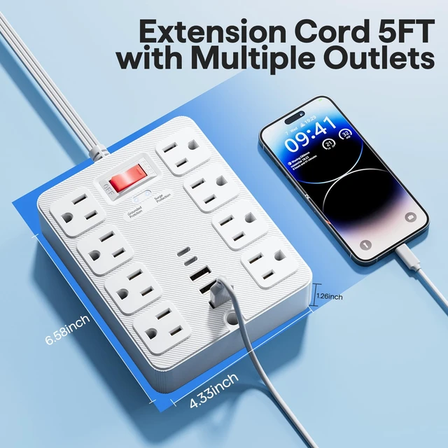 Alt view image 5 of 7 - 13 in 1 Surge Protector Power Strip Flat Plug 8 Widely AC Outlet 3 USB Ports,1250W/10A5 ft Extension Cord with Multiple Outlets, Desk Extender for Dorm, Home,TravelOffice Essentials,ETL Listed