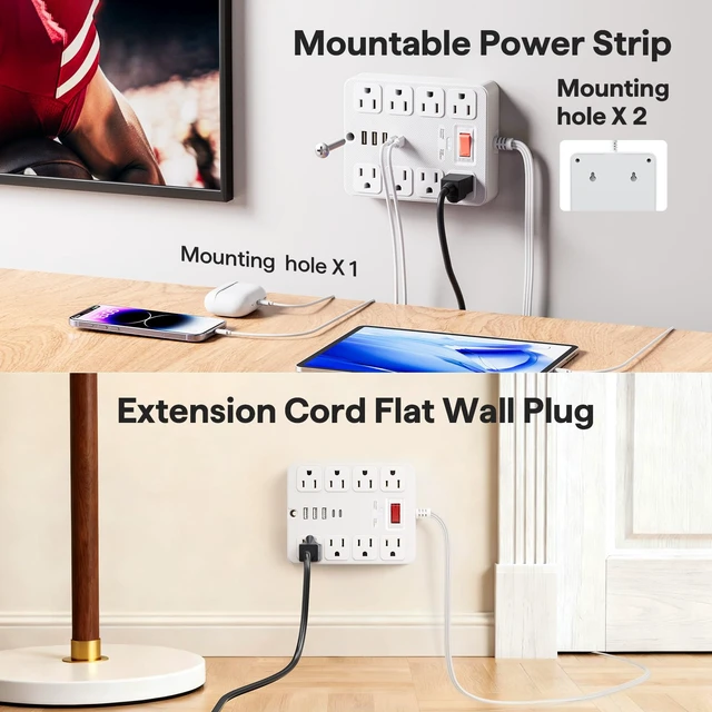 Alt view image 6 of 7 - 13 in 1 Surge Protector Power Strip Flat Plug 8 Widely AC Outlet 3 USB Ports,1250W/10A5 ft Extension Cord with Multiple Outlets, Desk Extender for Dorm, Home,TravelOffice Essentials,ETL Listed