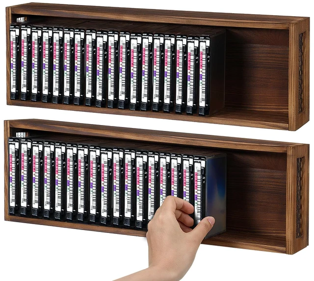 Main image of 2 Pcs Wooden Cassette Tape Storage with Metal Wire Mesh Farmhouse Style Cassette Rack Tower, Organizer Shelf for Movie Cases, Dvds, Cd, Store Up to 24 Tapes