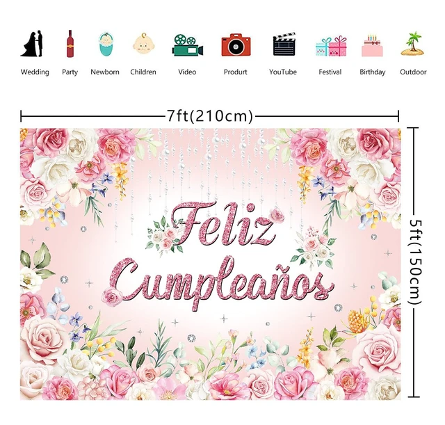 Alt view image 7 of 7 - Feliz cumpleaños Backdrop Pink Floral Glitter Happy Birthday Photography Background Women Girl Birthday Party Decorations Banner Photo Props (7x5FT)