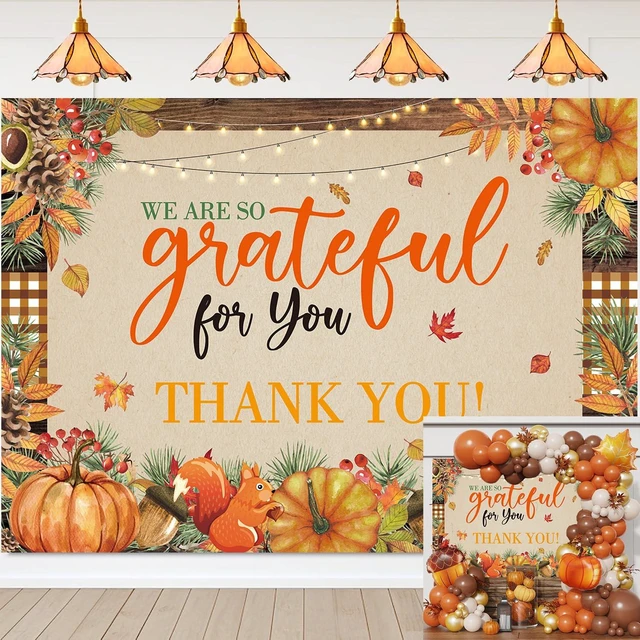 Main image of Fall Thank You Backdrop Thanksgiving We are So Grateful for You Background 8x6ft Fall Thank You for All You Do Banner, Pumpkin Friendsgiving Party Decorations, Thanksgiving Photo Booth Props
