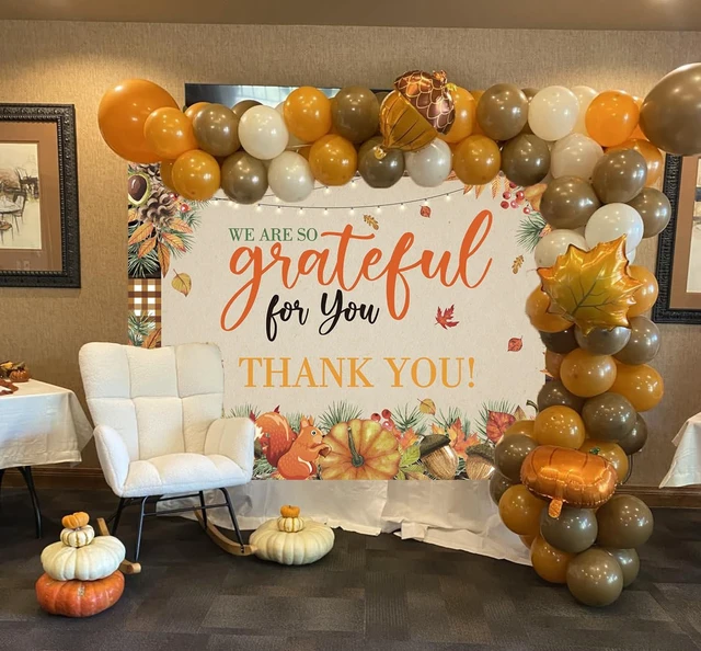 Alt view image 4 of 7 - Fall Thank You Backdrop Thanksgiving We are So Grateful for You Background 8x6ft Fall Thank You for All You Do Banner, Pumpkin Friendsgiving Party Decorations, Thanksgiving Photo Booth Props