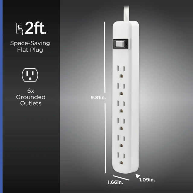Alt view image 2 of 6 - Power Strip, 6 Outlet Extender, 2 Ft Extension Cord, Multiple Outlets Wall Mount, On Off Switch, Home Office Dorm Essentials, UL Safety Listed, White, 14830