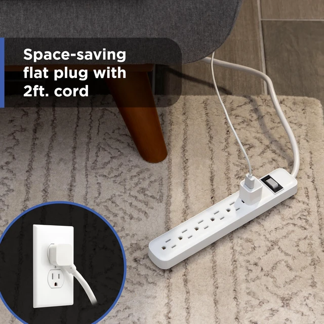 Alt view image 3 of 6 - Power Strip, 6 Outlet Extender, 2 Ft Extension Cord, Multiple Outlets Wall Mount, On Off Switch, Home Office Dorm Essentials, UL Safety Listed, White, 14830