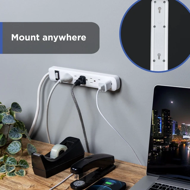 Alt view image 4 of 6 - Power Strip, 6 Outlet Extender, 2 Ft Extension Cord, Multiple Outlets Wall Mount, On Off Switch, Home Office Dorm Essentials, UL Safety Listed, White, 14830