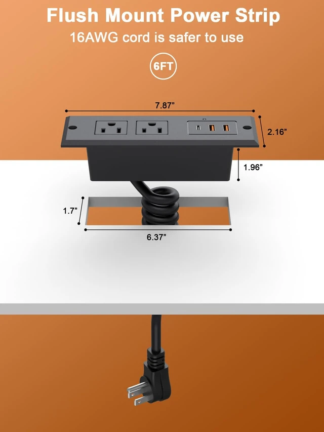 Alt view image 6 of 6 - Recessed Power Strip USB C Port for Drawer Outlet Black Fast Charging USB C Port,QC3.0 USB-A Port.2AC Outlet,ETL Listed Conference