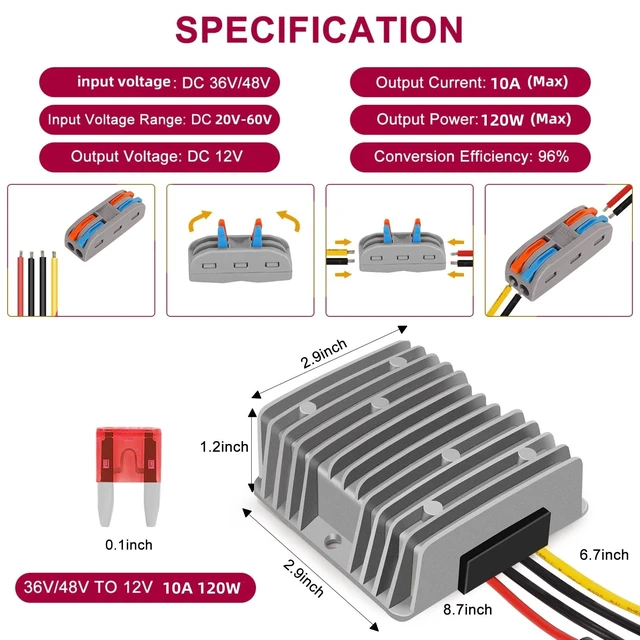 Alt view image 4 of 7 - DC-DC 12V (with Fuse) Buck Converter 48V 36V 24V to 12V 10A 120W Waterproof Golf cart stabilizer Buck Converter Regulator