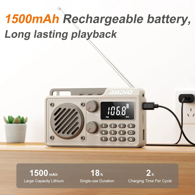 Alt view image 3 of 7 - Portable Radio AM FM Shortwave, Rechargeable Radio Bluetooth Speaker- Khaki 1500mAh 30H Playback, Excellent Reception, Large LCD Screen, Support TF Card U Disk, Sleep Timer, 3W Speaker Stereo Sound