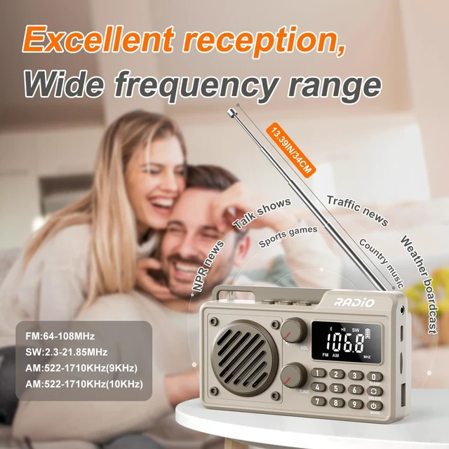 Alt view image 2 of 7 - Portable Radio AM FM Shortwave, Rechargeable Radio Bluetooth Speaker- Khaki 1500mAh 30H Playback, Excellent Reception, Large LCD Screen, Support TF Card U Disk, Sleep Timer, 3W Speaker Stereo Sound