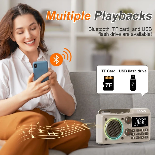 Alt view image 4 of 7 - Portable Radio AM FM Shortwave, Rechargeable Radio Bluetooth Speaker- Khaki 1500mAh 30H Playback, Excellent Reception, Large LCD Screen, Support TF Card U Disk, Sleep Timer, 3W Speaker Stereo Sound