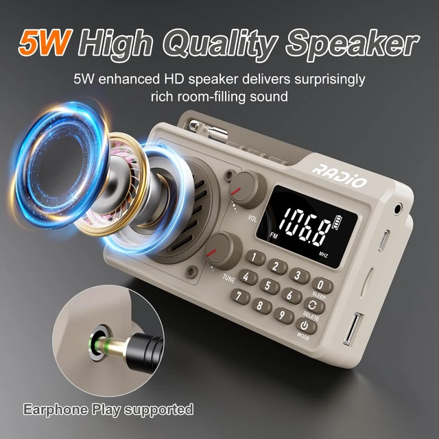 Alt view image 5 of 7 - Portable Radio AM FM Shortwave, Rechargeable Radio Bluetooth Speaker- Khaki 1500mAh 30H Playback, Excellent Reception, Large LCD Screen, Support TF Card U Disk, Sleep Timer, 3W Speaker Stereo Sound