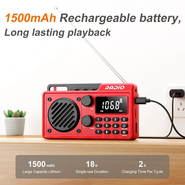 Alt view image 2 of 7 - Portable Radio AM FM Shortwave, Rechargeable Radio Bluetooth Speaker-Red 1500mAh 30H Playback, Excellent Reception, Large LCD Screen, Support TF Card U Disk, Sleep Timer, 3W Speaker Stereo Sound