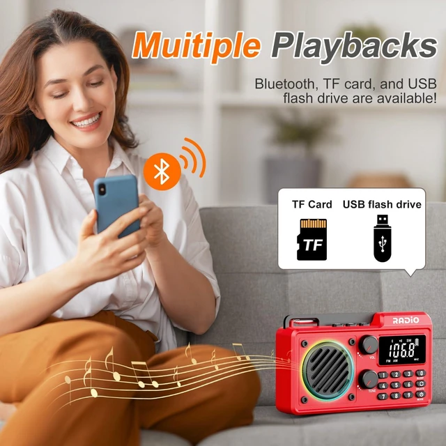 Alt view image 3 of 7 - Portable Radio AM FM Shortwave, Rechargeable Radio Bluetooth Speaker-Red 1500mAh 30H Playback, Excellent Reception, Large LCD Screen, Support TF Card U Disk, Sleep Timer, 3W Speaker Stereo Sound