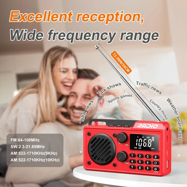 Alt view image 4 of 7 - Portable Radio AM FM Shortwave, Rechargeable Radio Bluetooth Speaker-Red 1500mAh 30H Playback, Excellent Reception, Large LCD Screen, Support TF Card U Disk, Sleep Timer, 3W Speaker Stereo Sound