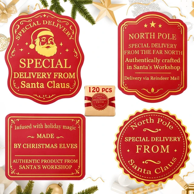 Main image of 120 Pcs Christmas Gift Tag Stickers Self Adhesive North Pole Tags Gift from Santa Claus Tag Stickers, 4 Styles, Xmas North Pole Gift Tags, Gold Foil Sticker, Stickers for Present Wrapping