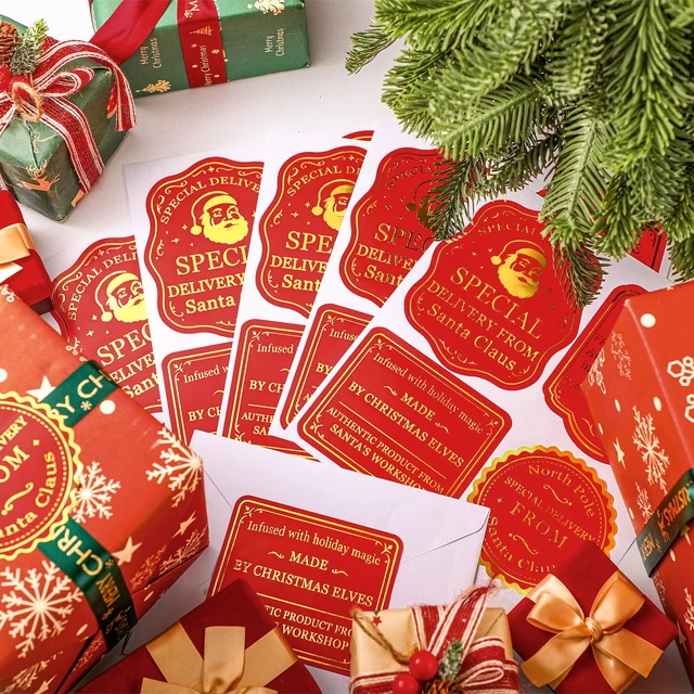 Alt view image 2 of 6 - 120 Pcs Christmas Gift Tag Stickers Self Adhesive North Pole Tags Gift from Santa Claus Tag Stickers, 4 Styles, Xmas North Pole Gift Tags, Gold Foil Sticker, Stickers for Present Wrapping