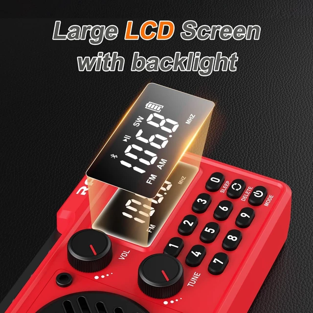Alt view image 7 of 7 - Portable Radio AM FM Shortwave, Rechargeable Radio Bluetooth Speaker-Red 1500mAh 30H Playback, Excellent Reception, Large LCD Screen, Support TF Card U Disk, Sleep Timer, 3W Speaker Stereo Sound