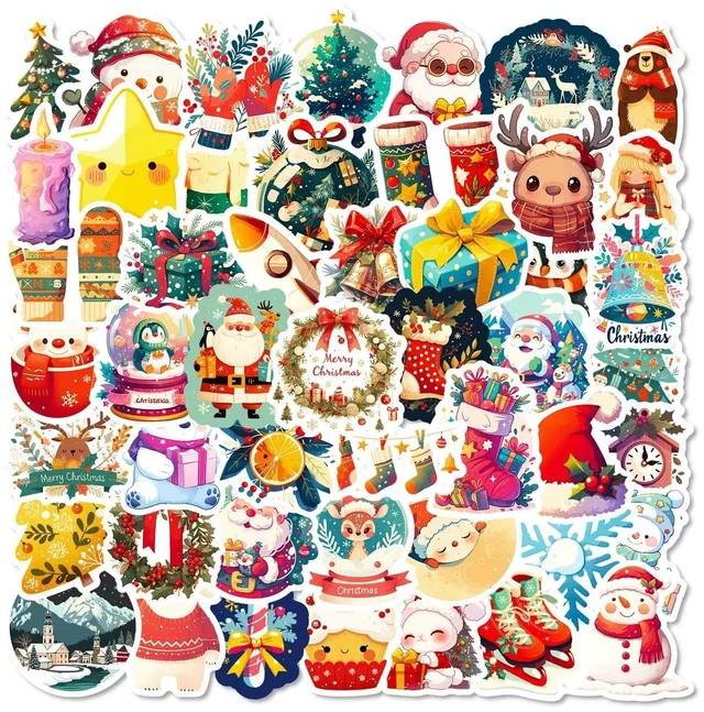Main image of Christmas Stickers, 50 Pcs Waterproof Vinyl Santa Decals Christmas Eve Favors Sticker Bulk, Merry Christmas Santa Claus Sticker Gifts for Water Bottles, Scrapbook, Luggage, Card