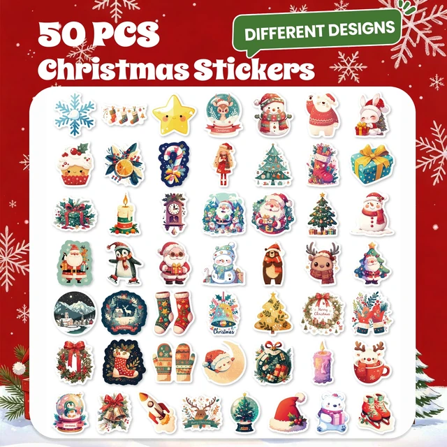 Alt view image 2 of 7 - Christmas Stickers, 50 Pcs Waterproof Vinyl Santa Decals Christmas Eve Favors Sticker Bulk, Merry Christmas Santa Claus Sticker Gifts for Water Bottles, Scrapbook, Luggage, Card