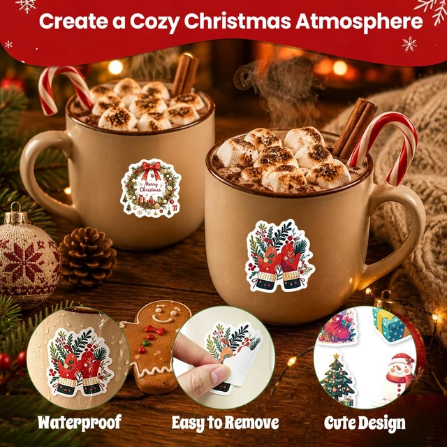 Alt view image 4 of 7 - Christmas Stickers, 50 Pcs Waterproof Vinyl Santa Decals Christmas Eve Favors Sticker Bulk, Merry Christmas Santa Claus Sticker Gifts for Water Bottles, Scrapbook, Luggage, Card