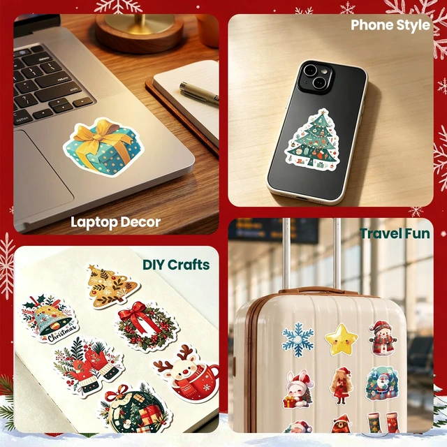 Alt view image 5 of 7 - Christmas Stickers, 50 Pcs Waterproof Vinyl Santa Decals Christmas Eve Favors Sticker Bulk, Merry Christmas Santa Claus Sticker Gifts for Water Bottles, Scrapbook, Luggage, Card