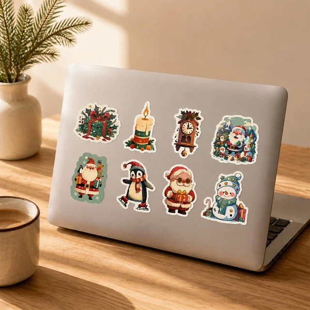 Alt view image 6 of 7 - Christmas Stickers, 50 Pcs Waterproof Vinyl Santa Decals Christmas Eve Favors Sticker Bulk, Merry Christmas Santa Claus Sticker Gifts for Water Bottles, Scrapbook, Luggage, Card