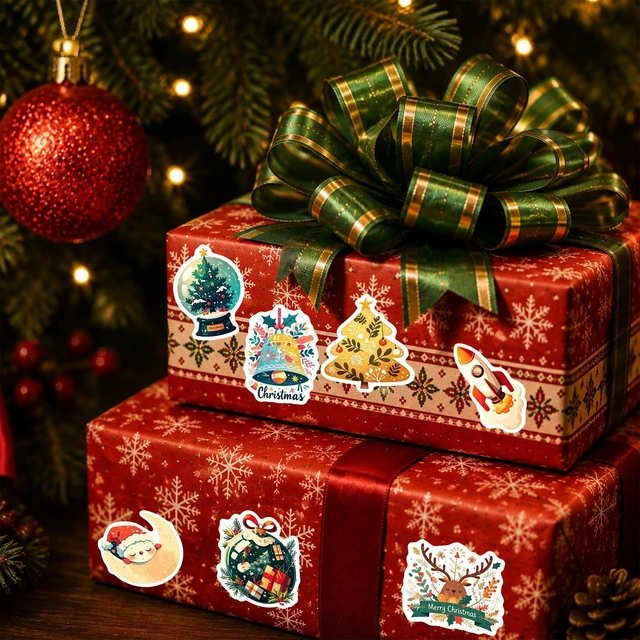 Alt view image 7 of 7 - Christmas Stickers, 50 Pcs Waterproof Vinyl Santa Decals Christmas Eve Favors Sticker Bulk, Merry Christmas Santa Claus Sticker Gifts for Water Bottles, Scrapbook, Luggage, Card