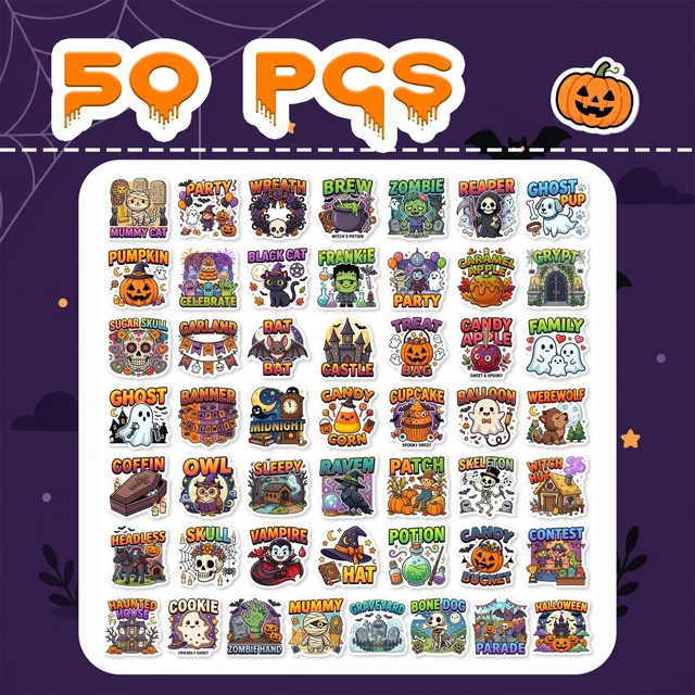 Alt view image 2 of 7 - Halloween Stickers, 50 Pcs Waterproof Vinyl Decals Halloween Party Favors Sticker Bulk, Waterproof Vinyl Ghost Pumpkin Sticker Gifts for Water Bottle, Laptop, Scrapbook