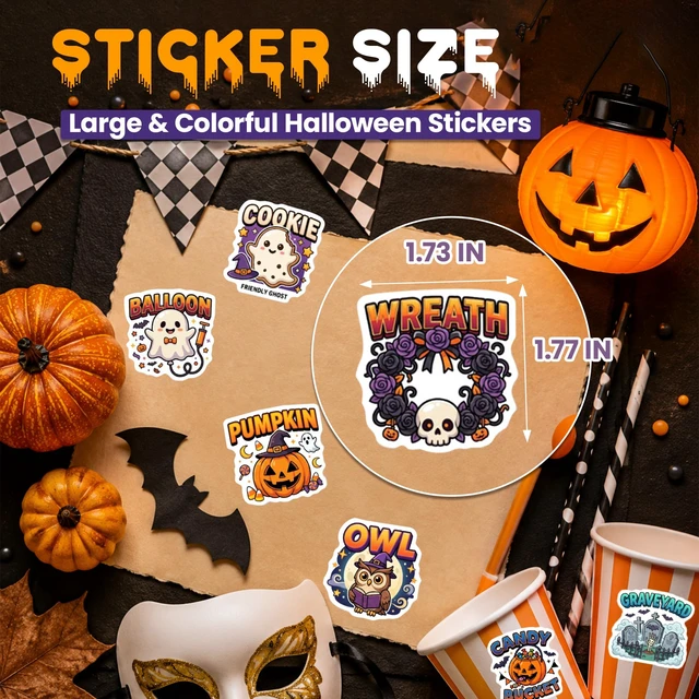 Alt view image 3 of 7 - Halloween Stickers, 50 Pcs Waterproof Vinyl Decals Halloween Party Favors Sticker Bulk, Waterproof Vinyl Ghost Pumpkin Sticker Gifts for Water Bottle, Laptop, Scrapbook
