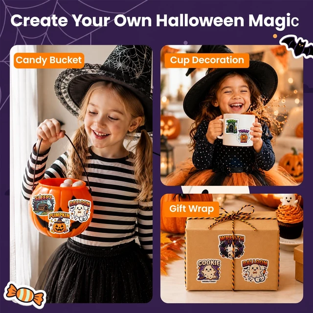 Alt view image 5 of 7 - Halloween Stickers, 50 Pcs Waterproof Vinyl Decals Halloween Party Favors Sticker Bulk, Waterproof Vinyl Ghost Pumpkin Sticker Gifts for Water Bottle, Laptop, Scrapbook