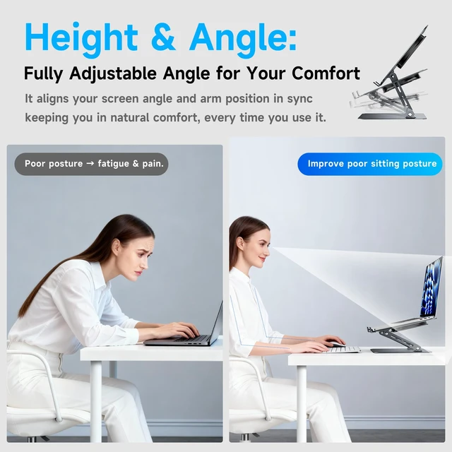 Alt view image 3 of 7 - Laptop Stand - Adjustable Ergonomic Laptop Riser, Portable Foldable Aluminum Laptop Holder Perfect for Desk, Bed, Couch & Lap - Space Saving - Silver