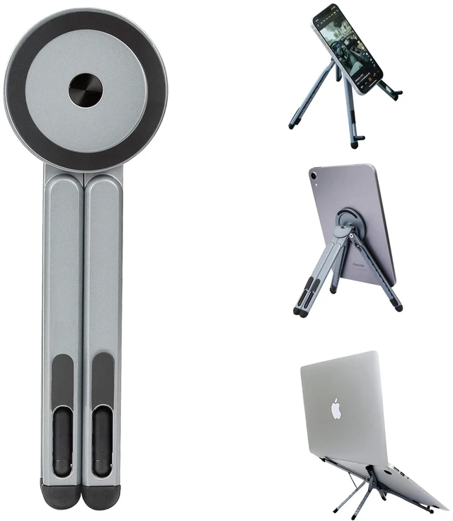 Main image of 3-in-1 Foldable Magnetic Stand for Laptop, Tablet & Phone, Grey Aluminum Alloy Holder Adjustable Portable & Stable Desktop Riser for MacBook, iPad, iPhone, Samsung