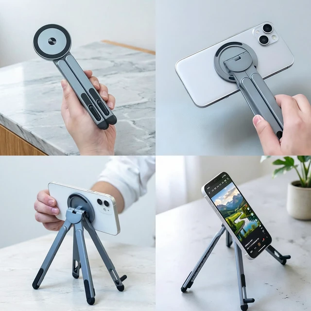 Alt view image 3 of 7 - 3-in-1 Foldable Magnetic Stand for Laptop, Tablet & Phone, Grey Aluminum Alloy Holder Adjustable Portable & Stable Desktop Riser for MacBook, iPad, iPhone, Samsung